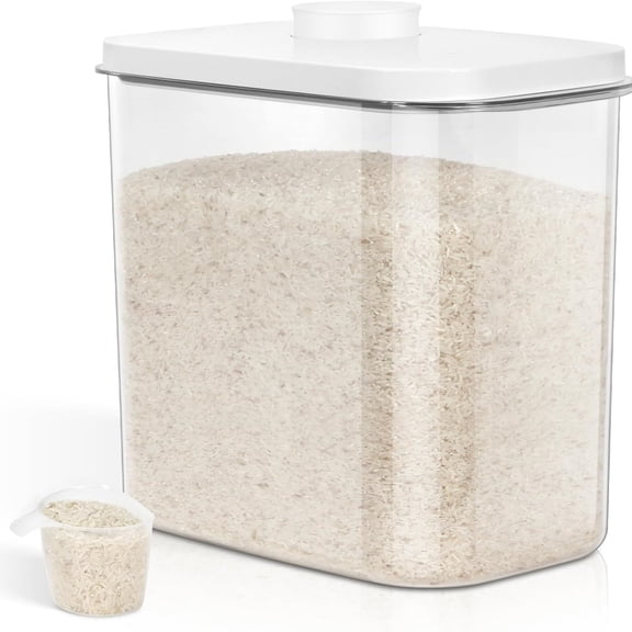 Large Rice Container 25 Lbs with Easy-Carrying Handles -12.7 Qt Flour Storage Container with Pop Up Lid & Hanging Hooks for Cleaner Use, Airtight Food Storage Bin for Kitchen Organization