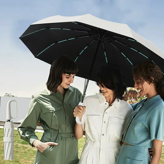 Large Ring Buckle Umbrella | Windproof Heavy Duty 10 Rib | Automatic Open/Close | Portable Folding Travel Design | Sun Protection Coating | 27 Inch | White Polyester