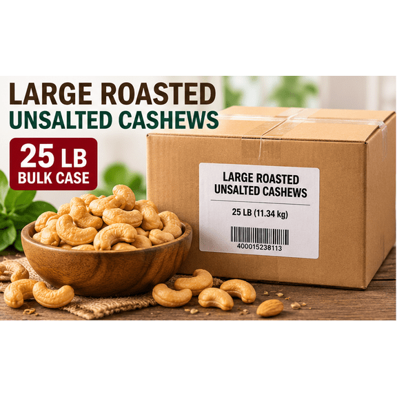 Large Roasted Unsalted Whole Cashews, Premium Crunchy Bulk Nuts, 25 lb Case