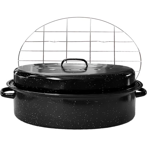 Large Roasting Pan with Lid and Rack 19"Granite Turkey Roaster Pan Set Enameled Steel Design Suitable for Turkey Versatile Cooking Barbecuing,Dishwasher Safe Cookware Holiday Gifts