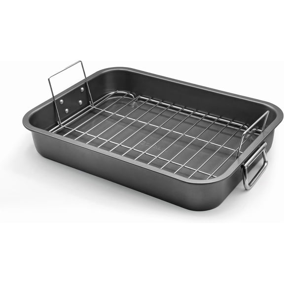 Large Roasting Pan With Rack 12 X 16 - Non Stick Large Roaster Pan and Flat Rack With Foldable Handles - Roasting Pans for Ovens to Elevate Food for Even Heating - Dishwasher Safe Turkey Roast Pot