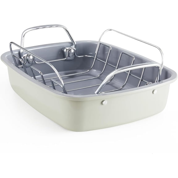Large Roasting Pan with Rack - 25 LB Nonstick Turkey Roaster Pan for Oven - Heavy Duty Carbon Steel Roasting Pan with Wider Handles for Chicken, Vegetables & Holiday Meals, Cream