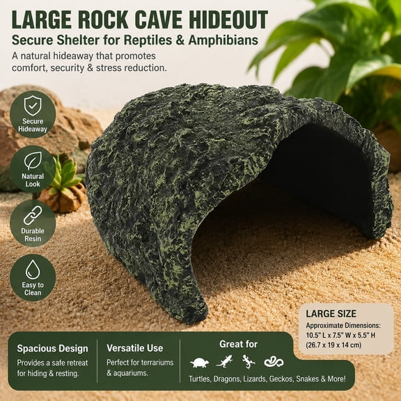 Large Rock Cave Hideout for Reptiles & Amphibians - Perfect Hiding Spot for Bearded Dragons, Turtles, Snakes, Lizards, Geckos, Tortoises - Terrarium and Aquarium Decor