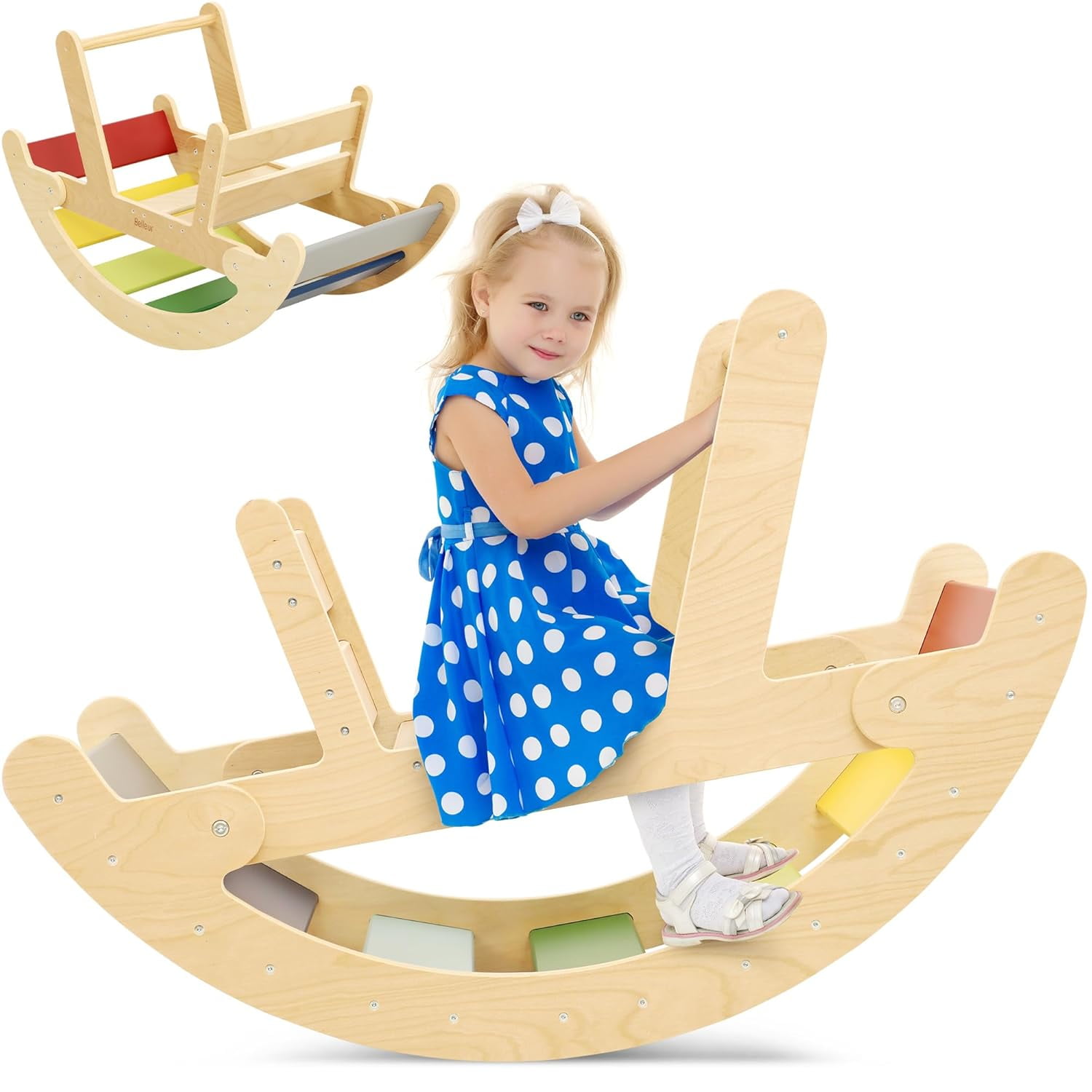 Large Rocking Horse for Toddlers, Wooden Rainbow Arch Rocker with