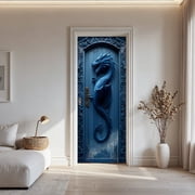 Large Roll Peel and Stick Waterproof Blue Dragon Door Sticker - Gothic Fantasy Self-Adhesive PVC Vinyl Decal with Intricate Dragon Design, Scratch & Dent Resistant, Easy No Residue Removal, Removable