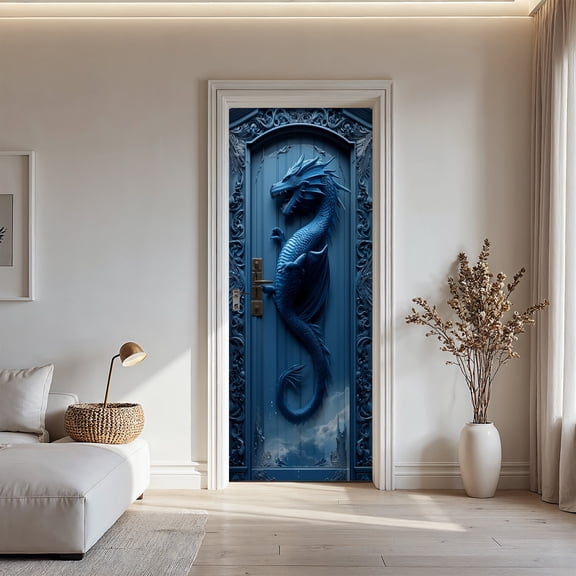 Large Roll Peel and Stick Waterproof Blue Dragon Door Sticker - Gothic Fantasy Self-Adhesive PVC Vinyl Decal with Intricate Dragon Design, Scratch & Dent Resistant, Easy No Residue Removal, Removable