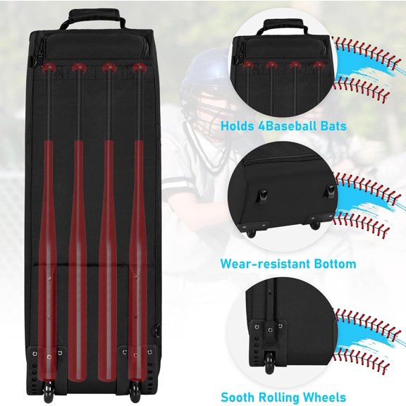 Large Rolling Baseball Bag with Wheels,Softball Catcher Gear Bag for 4 Bats with Fence Hooks ,Portable Roller Baseball Bag with Separate Shoe Space,Baseball Equipment Bag Holds Bat, Helmet and More