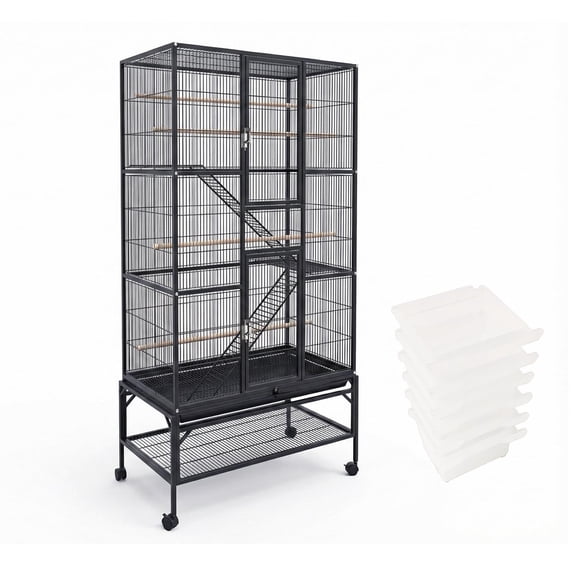 Large Rolling Bird Cage with 4 Wood Perches & 6 Feeding Cups, 69.5" Iron Parrot Flight Cage with Divider & Tray, Bird Flight Cage for Cockatiel Lovebirds Home
