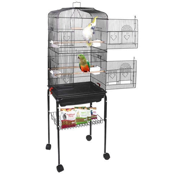 Large Rolling Bird Cage with Storage Shelf for Cockatiels Sun Conures Parakeets Finches Budgies Lovebirds Canaries Sturdy Wrought Iron Design, Black