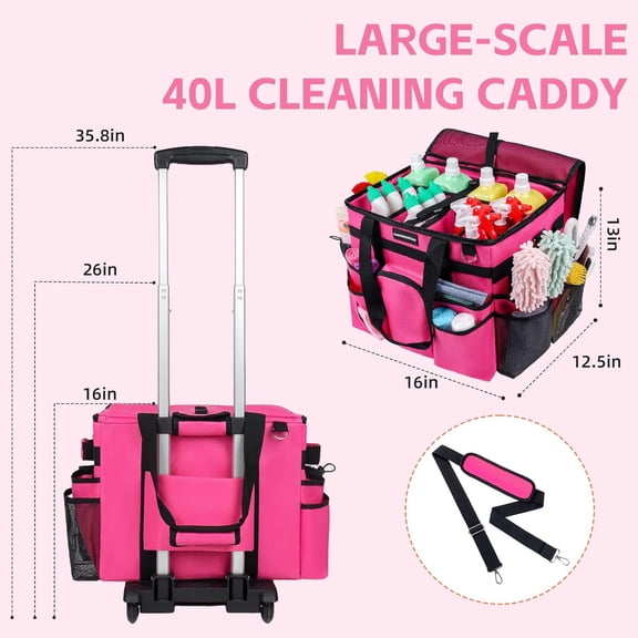 Large Rolling Cleaning Caddy Bag, Cleaning Caddy with Wheels with Detachable Trolley for Housekeepers, Water Resistant Cleaner Supplies Organizer with Wheels for Kitchen, Car, Picnic (Rose-Red)