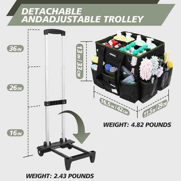 Large Rolling Cleaning Caddy Bag, Cleaning Caddy with Wheels with Detachable Trolley for Housekeepers, Water Resistant Cleaner Supplies Organizer with Wheels for Kitchen, Car, Picnic(Black-Green)