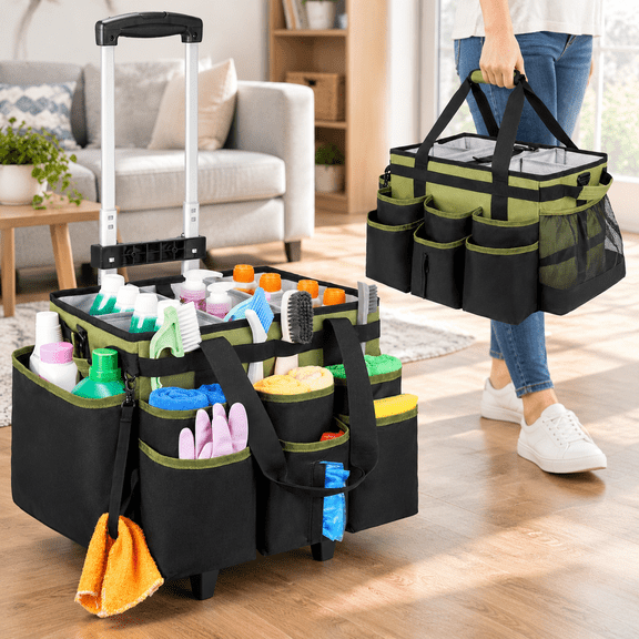Large Rolling Cleaning Caddy Bag with Detachable Trolley, Cleaning Cart on Wheels with Shoulder Strap, Cleaning Supplies Organizer for Housekeepers, Green
