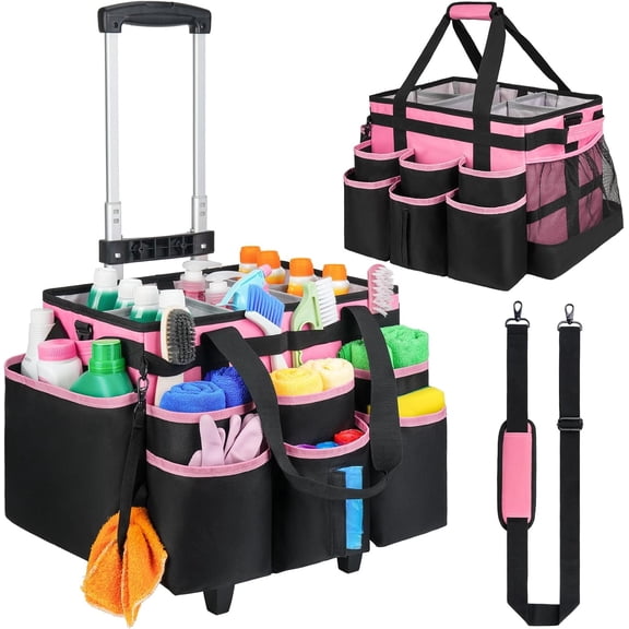 Large Rolling Cleaning Caddy Bag with Detachable Trolley,Cleaning Cart on Wheels with Shoulder Strap,Cleaning Supplies Organizer for Housekeepers,Pink