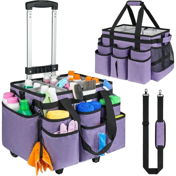 Large Rolling Cleaning Caddy Bag with Detachable Trolley,Cleaning Cart on Wheels with Shoulder Strap,Cleaning Supplies Organizer for Housekeepers,Purple