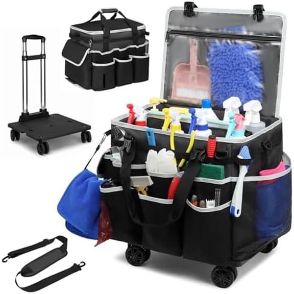 Large Rolling Cleaning  Bag with Detachable Trolley, Full Support Plates for Professional Cleaning Supplies Bag, Organizer Bag with 4 Universal Wheels for Housekeepers,  Wash