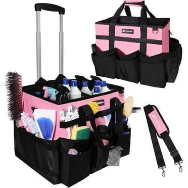 Large Rolling Cleaning Caddy Bag with Wheels, with Detachable Trolley, Cleaning Bags on Wheels for Housekeepers, Cleaning Cart Supplies Organizer for Home, Car, Picnic (Pink)