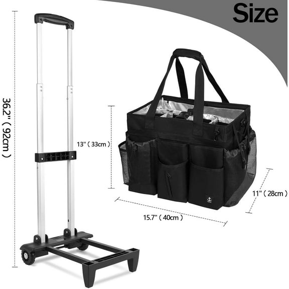Large Rolling Cleaning Caddy with Detachable Trolley and Hard Support Board, Waterproof Nylon Housekeeping Cart with Adjustable Straps and Multiple Pockets for Home Office