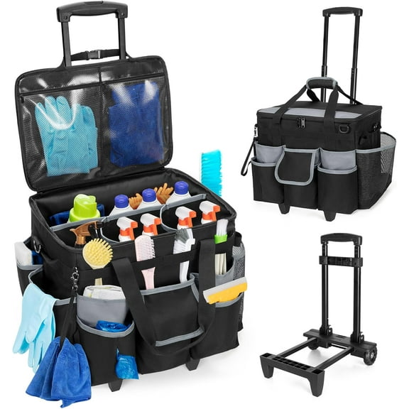 Large Rolling Cleaning Caddy with Detachable Trolley & Lid, Cleaning Cart on Wheels with Shoulder Strap & Handles, Cleaning Supplies Organizer with Multi Pockets for Cleaning Tools Storage