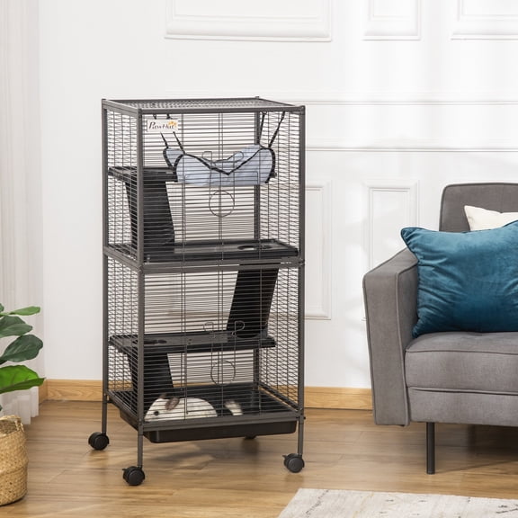 Large Rolling Ferret Cage with Hammock, 4-Tier Small Animal Cage for Chinchilla Sugar Glider, Gray Steel Pet Hutch with Removable Tray, 20.5L x 20.5W x 44.75H