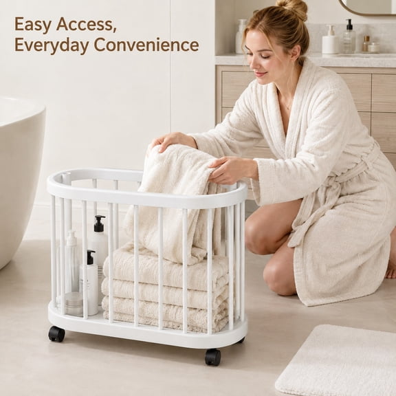 Large Rolling Storage Basket With Wheels, Open-Top Mobile Laundry & Blanket Organizer, Space-Saving Floor Storage Bin for Bedroom, Living Room, Nursery & Laundry Room, Black/White