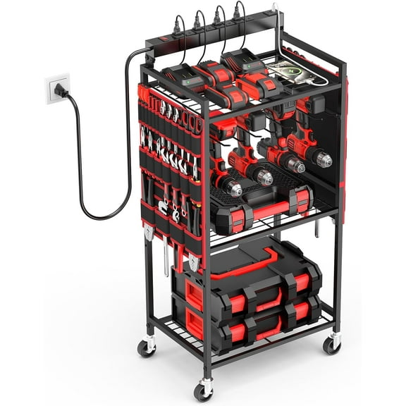 Large Rolling Tool Organizer Cart with 8-Outlet 3-USB Charging Station, Heavy-Duty Iron Frame, Red, 6-Ft Power Cord, 3-Tier Expandable Shelf Rack