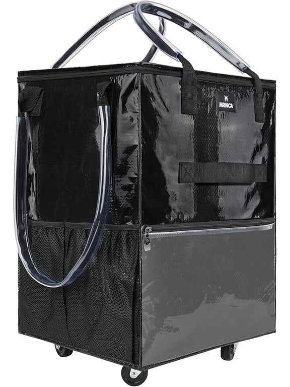 130L Rolling Tote Bag with Wheels, Foldable Shopping Grocery Cart, 5 Swivel Wheels, Multi Pockets, Heavy Duty for Laundry Moving Travel, Black