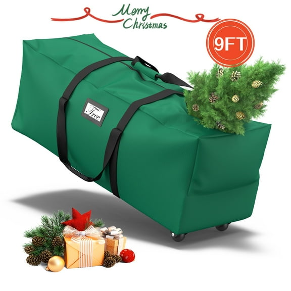 Large Rolling Tree Storage Bag, Fits Up to 9 ft. Artificial Trees, Xmas Tree Storage Container with Wheels, Easy Transport Durable 600D Oxford Material -Green