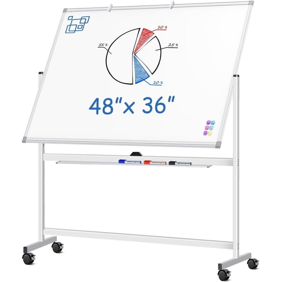 Large Rolling White Board, 48x36 in Double-Sided Mobile Whiteboard, Reversible Dry Erase Board Easel Standing Whiteboard Wheels Portable Board for Office Classroom and ,