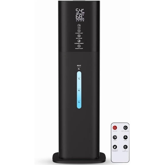Large Room Ultrasonic Cool Mist Humidifier with 8L Capacity 360 Nozzle 3 Speeds Quiet Operation Humidity Control Timer Aroma Box and 7-Color Light Black
