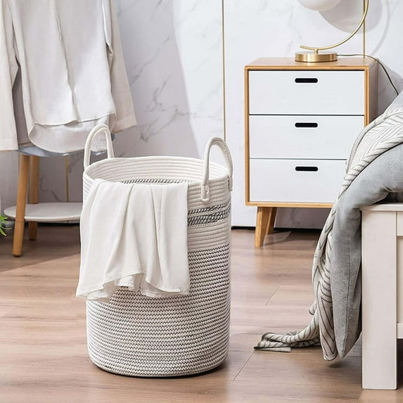 Large Rope Woven Storage Basket, Foldable Laundry and Clothes Organizer with Handles, Durable Cotton Basket for Blankets, Toys and Home Organization in Living Room and Bedroom