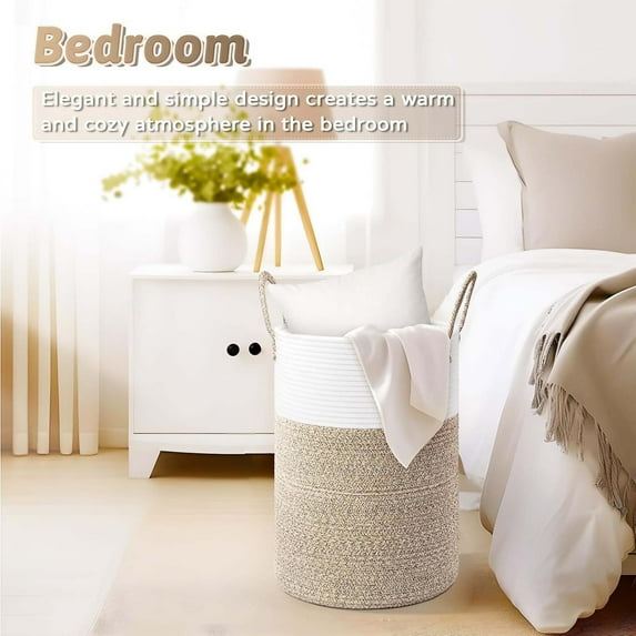 Large Rope Woven Storage Basket, Foldable Laundry and Clothes Organizer with Handles, Durable Cotton Basket for Blankets, Toys and Home Organization in Living Room and Bedroom