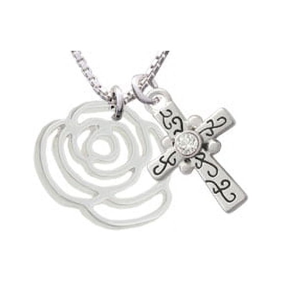 Large Rose Outline Scroll Cross Necklace, 18"+2"