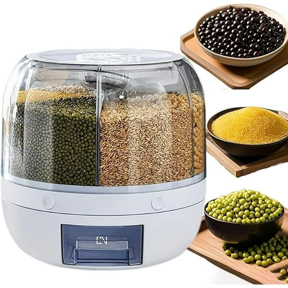 Large Rotating Grain Storage Bin with 6 Airtight Compartments  13-Liter Transparent Plastic Food Dispenser for Rice and Dry Staples