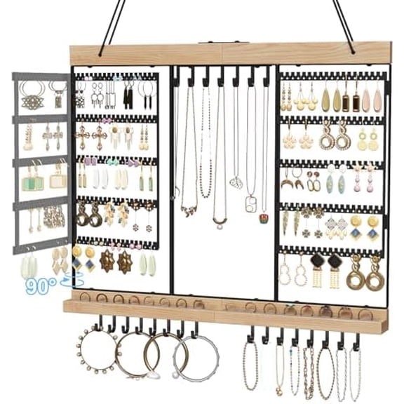 Large Rotating Hanging Jewelry Organizer, 5-Tier Earring Holder Storage Holds up to 180 Pairs, Wall Mounted Jewelry Rack for Earrings, Necklaces, Bracelets and Rings, for Girls, Black