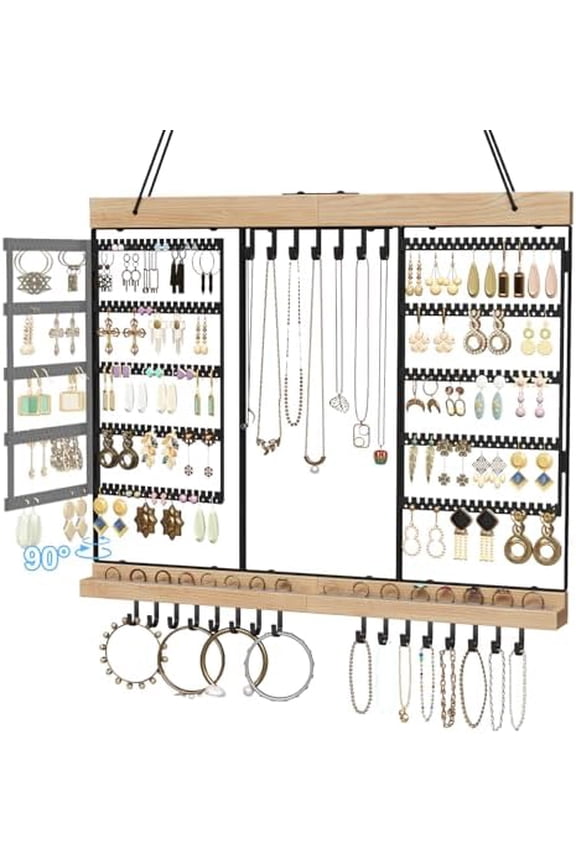 Large Rotating Hanging Jewelry Organizer, 5-Tier Earring Holder Storage Holds up to 180 Pairs, Wall Mounted Jewelry Rack for Earrings, Necklaces, Bracelets and Rings, for Girls, Black