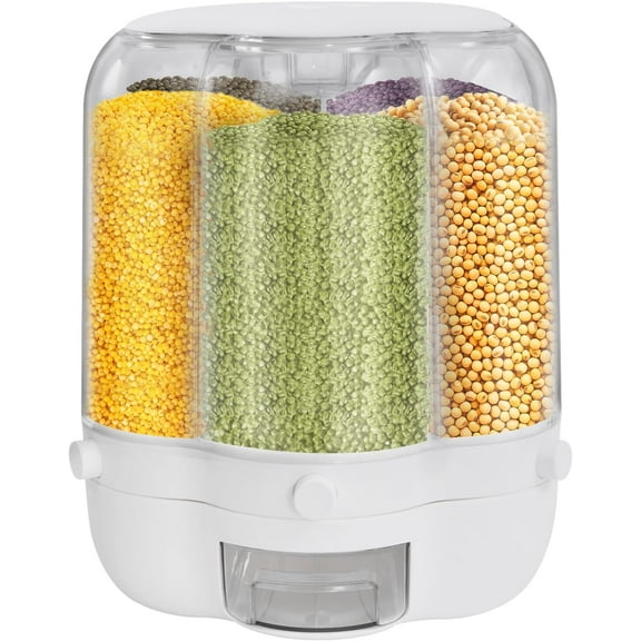 Large Rotating Rice Dispenser 6-Grid Cereal Containers Storage White Rice Bucket Whole Grains Rice Container Storage with Lid Dry Food Dispenser Storage Box for Kitchen (12.5kg/ 27.56lbs)