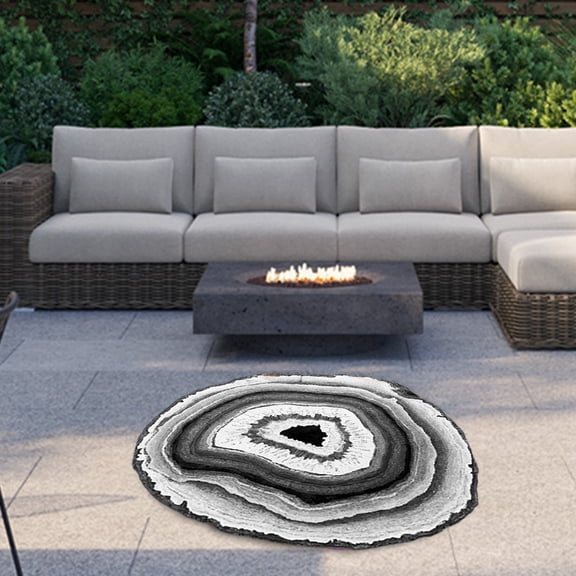 Large Round Area Rug for Bedroom Living Room, Non Slip Washable Carpet Mat, Modern Year Ring Design for Study, 39.37" Gray