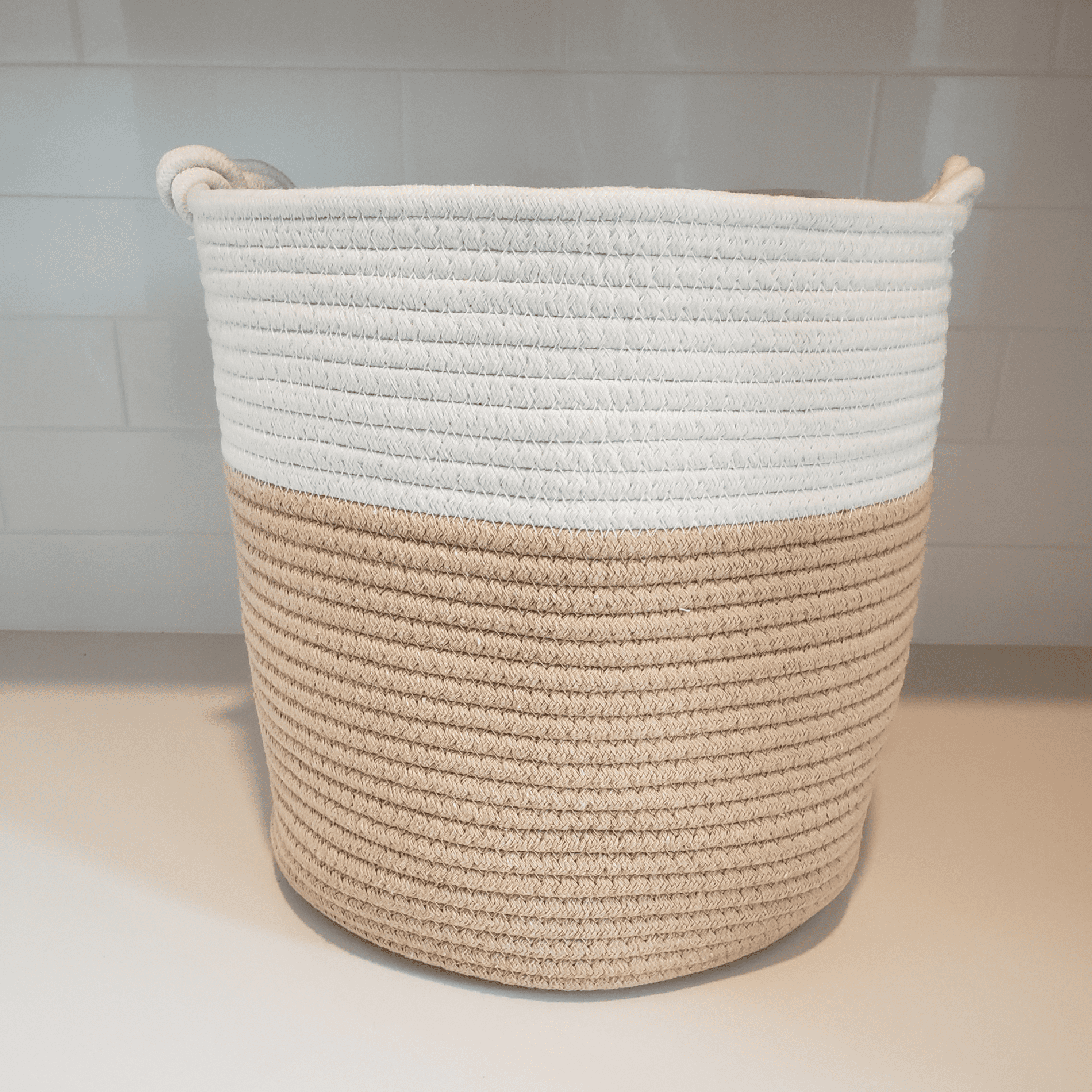 Large Round Blanket Basket, Woven Nursery Cotton Rope Baskets for Storage, Living Room, Toy Organizing with Handles - 12"x12”-White and Tan