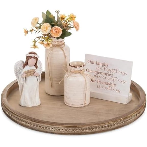 Large Round Decorative Tray: 45cm Coffee Table Beaded Tray Vintage Circle Big Wood Trays Decor Rustic Farmhouse Ottoman Centerpiece Serving Home for Counter