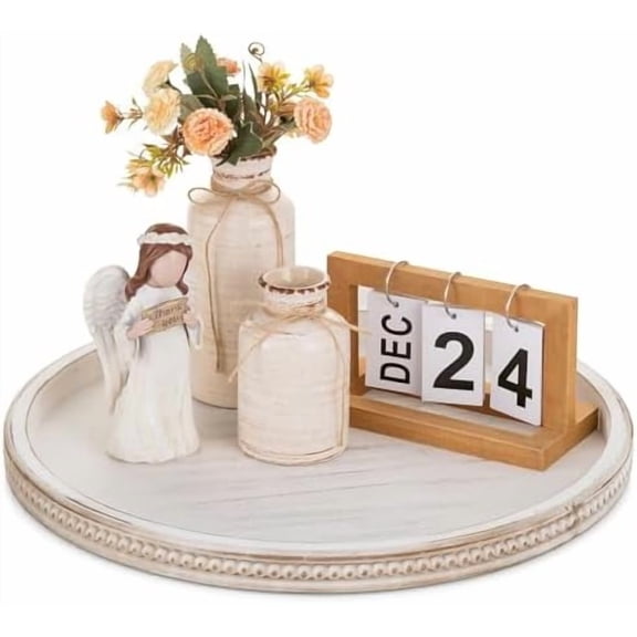 Large Round Decorative Tray: 45cm White Coffee Table Beaded Tray Circle Rustic Big Wood Trays Decor Farmhouse Ottoman Vintage Centerpiece Serving Home for Counter