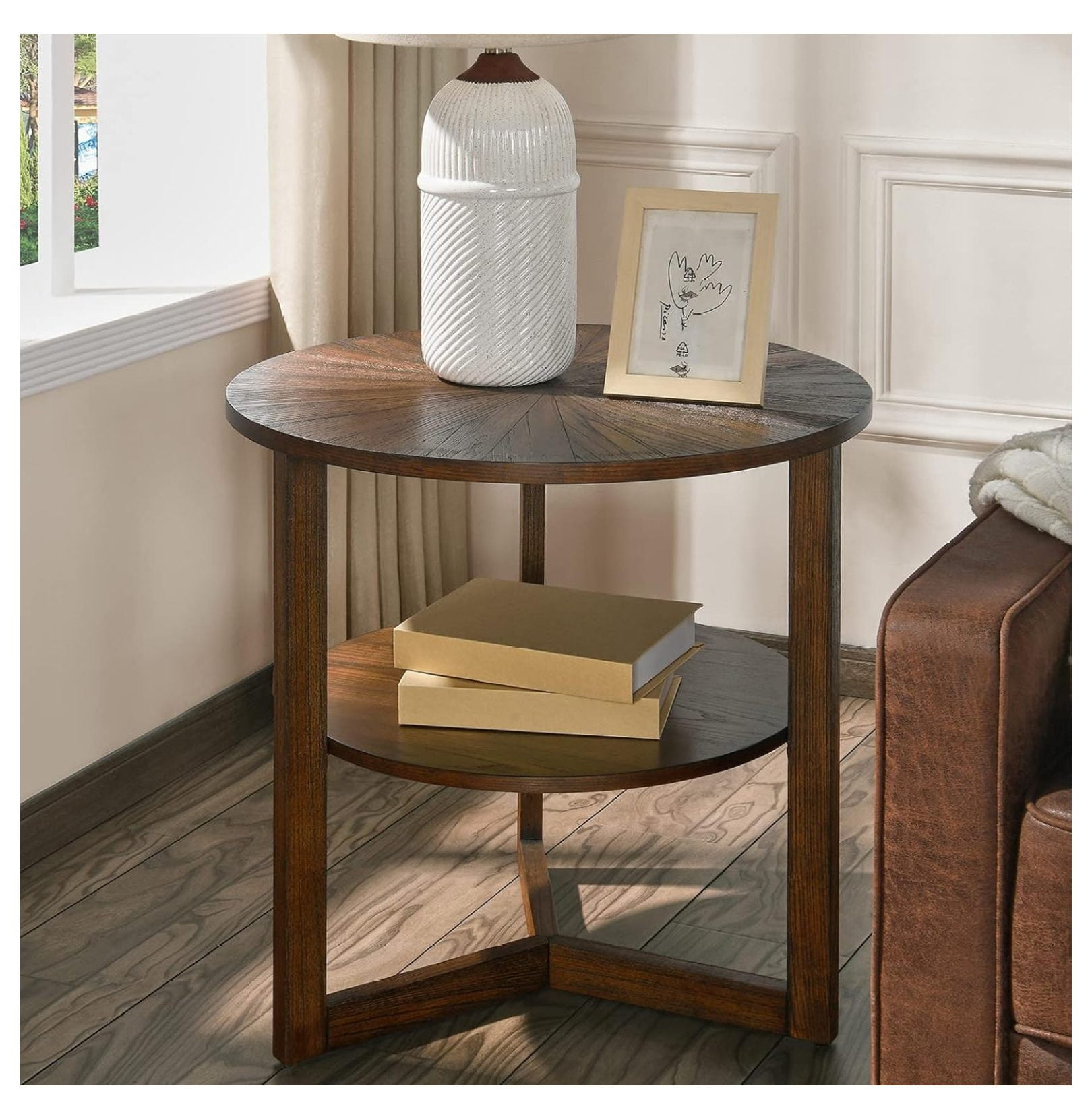 Large Round End Table, Rustic Beside Table with Umbrella Shaped Top, Traditional Circular Sofa ...