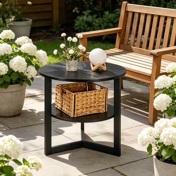 Large Round End Table with Storage Shelf, Rustic Bedside Table with Umbrella Top, Traditional Circular Sofa Side Table, 25.2 D Telephone Table for Living Room, Easy Assembly, Brushed Black
