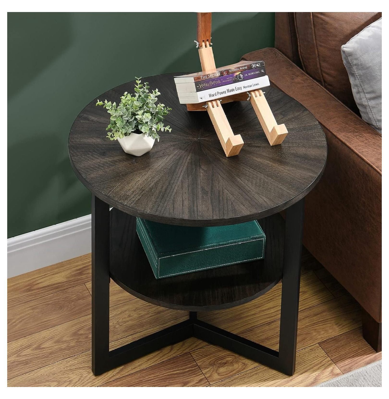 Large Round End Table with Storage Shelf, Rustic Circular Sofa Side Black Metal Legs, Solid Wood ...