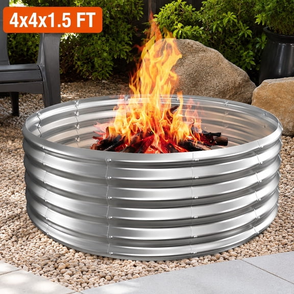 Large Round Galvanized Steel Fire Pit Ring, Heavy Duty Outdoor Backyard Bonfire Camping Fire Pit 2.67x2.67x1.5 FT