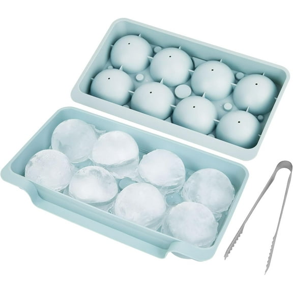 Large Round Ice Cube Mold, 2.5 Inch Reusable Sphere Ice Mold, Ice Cube Tray with Lid Leak-free Stackable Ice Sphere, Release Making Ice Balls for Whiskey Ice Coffee Cocktails Bourbon (Blue)