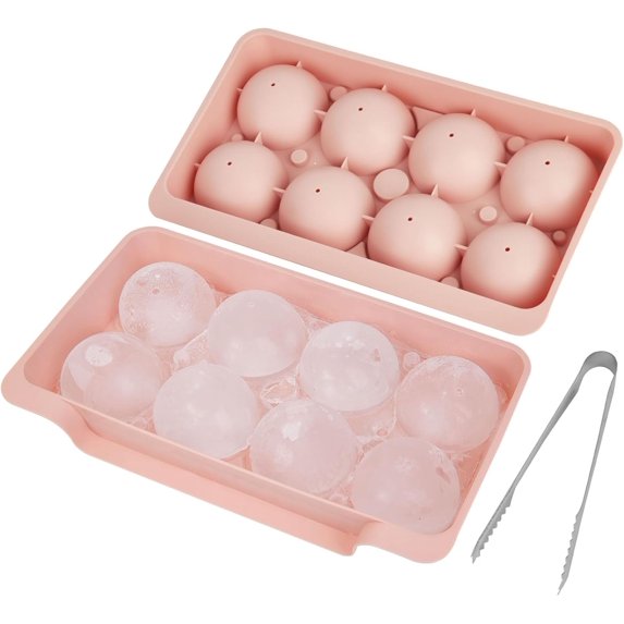 Large Round Ice Cube Mold, 2.5 Inch Reusable Sphere Ice Mold, Ice Cube Tray with Lid Leak-free Stackable Ice Sphere, Release Making Ice Balls for Whiskey Ice Coffee Cocktails Bourbon (Pink)