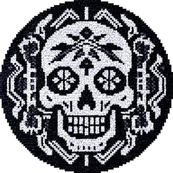 Large Round Latch Hook Rug kits Black & White Skull Latch Hook kit Cushion Blanket Embroidery Craft Kits For Beginner DIY Latch Hook Carpet Rug Kit with Printed Canvas 60x60cm