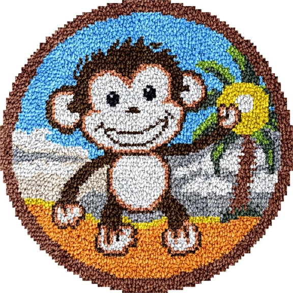 Large Round Latch Hook Rug kits Cartoon Monkey Latch Hook kit Cushion Blanket Embroidery Craft Kits For Beginner DIY Latch Hook Carpet Rug Kit with Printed Canvas 60x60cm