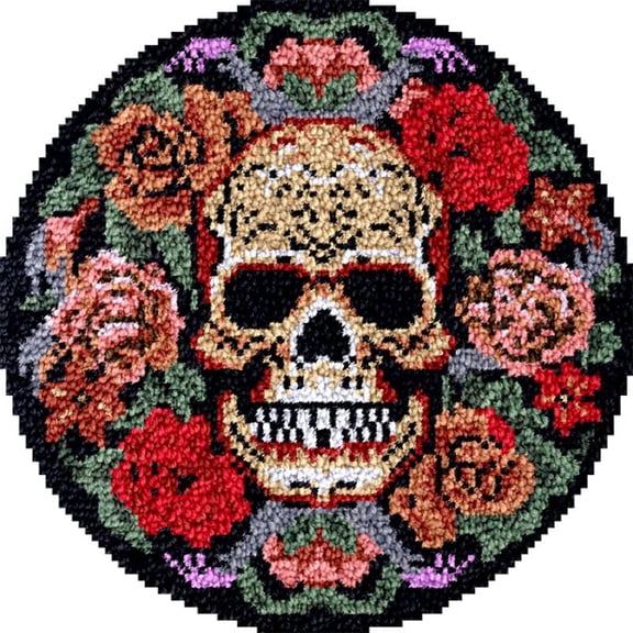 Large Round Latch Hook Rug kits Flowers Skull Latch Hook kit Cushion Blanket Embroidery Craft Kits For Beginner DIY Latch Hook Carpet Rug Kit with Printed Canvas 60x60cm