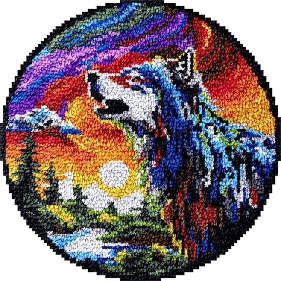 Large Round Latch Hook Rug kits Howling Wolf Latch Hook kit Cushion Blanket Embroidery Craft Kits For Beginner DIY Latch Hook Carpet Rug Kit with Printed Canvas 60x60cm